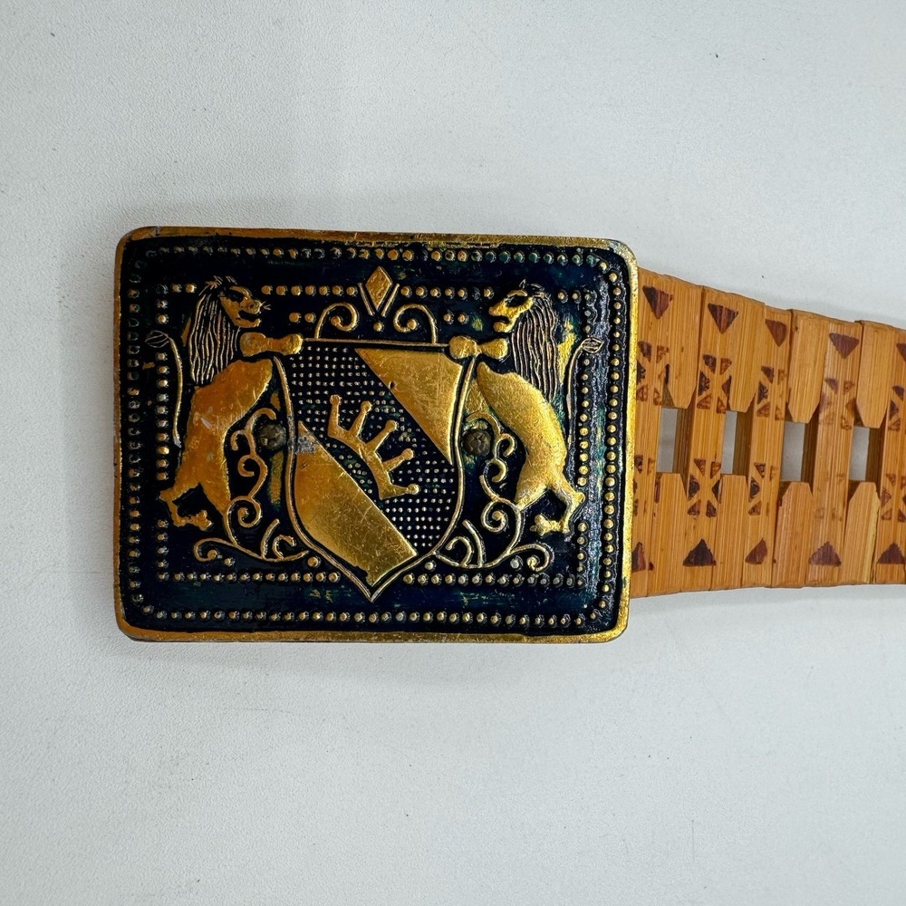 Vtg Dauplase Blue Enamel Gold Dual Lions Crest Shield Armor Bamboo Belt & Buckle